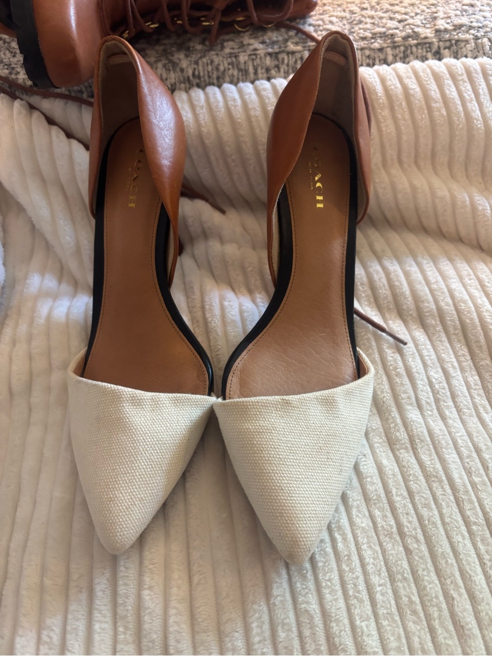 Coach Two-Tone Pointed D'Orsay Heels in Cream and Brown